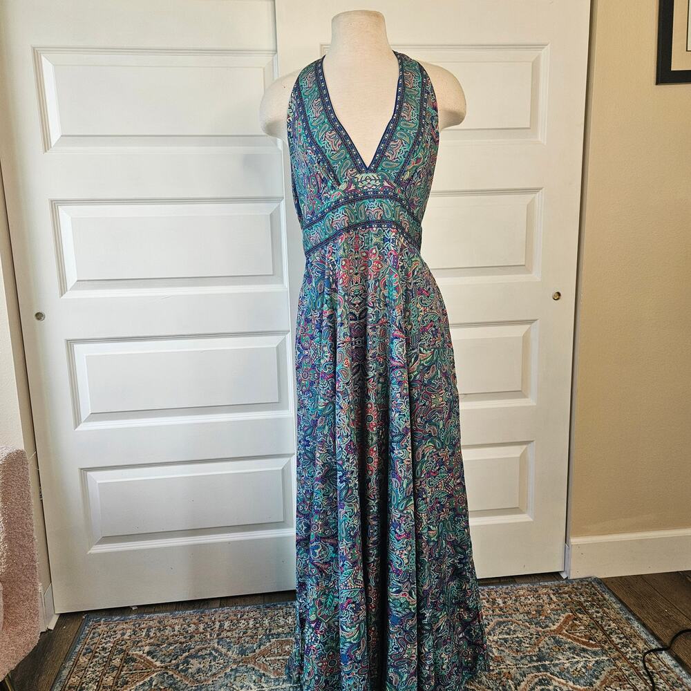 Coline Boho Paisley Halter Maxi Dress Smocked L XL